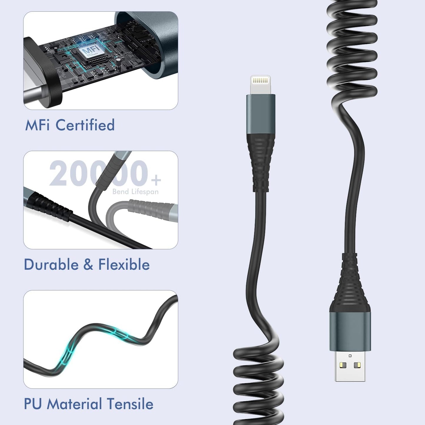 Heartbeats Coiled Lightning Cable 3FT 2 Pack MFi Certified Car iPhone Charger Cable，USB to Lightning Cable Compatible with iPhone 14/13/12/11 Pro Max/XS Max/XR/X/8/7/iPad