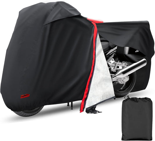 Motorcycle Cover,Waterproof Zipper Outdoor Cover for All Seasons Windproof, High Heat Resistance Dustproof and Rainproof Snowproof(Red Zipper XL Fits Up to 97 inch)