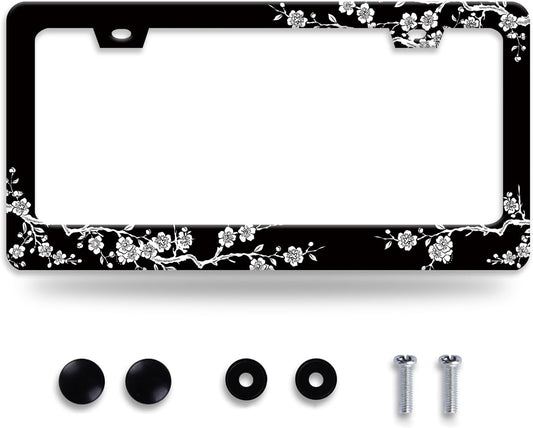 Cherry Blossoms License Plate Frame Beautiful Floral License Plate Frames for Car Decorative Parts Stainless Stee License Plate for Standard Us Canada Funny License Plate Holder 12x6 in for Men Women