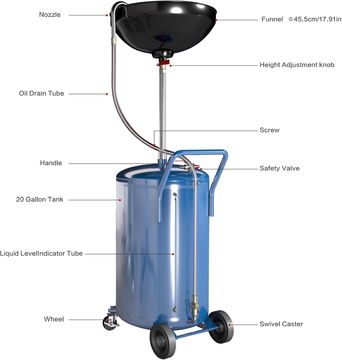 20 Gallon Waste Oil Drain Tank with Wheels,Air Operated Drainer Oil Change Tank,Oil Drain Container with Adjustable Funnel Height,for Easy Oil Removal,Blue