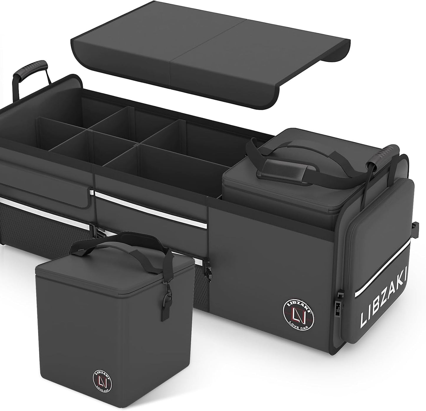 LIBZAKI Oversize 4 in 1 Car Trunk Storage Organizer, Multi Compartment Collapsible Trunk Storage Box with Cooler Bag for Car Truck SUV-Black