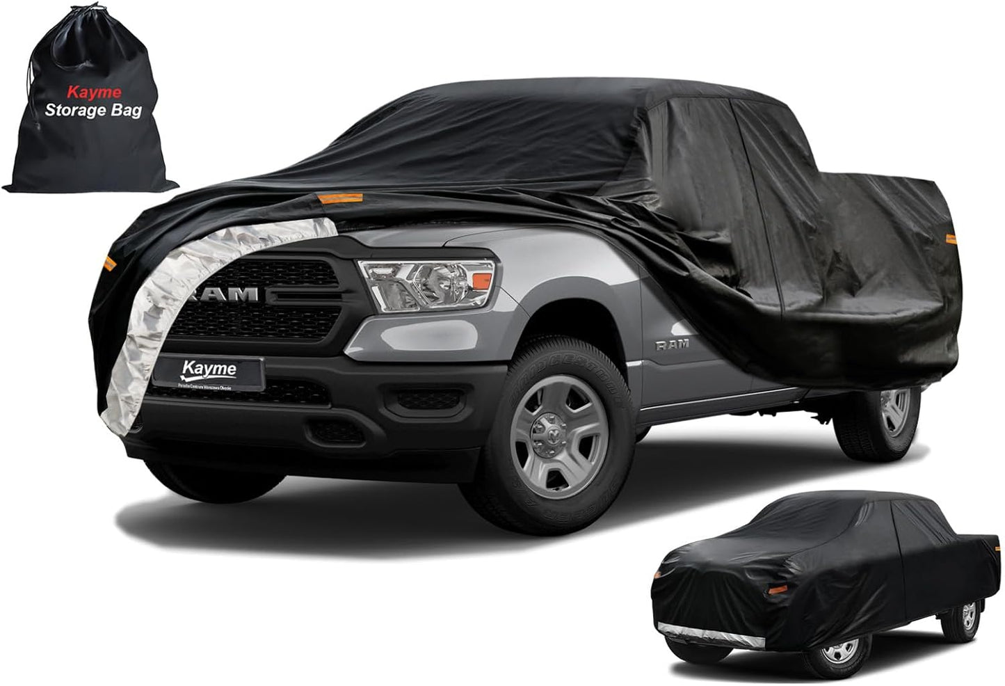 Kayme Truck Cover Custom Fit Dodge Ram 1500(2009-2025) Quad Cab Short Bed. Full Exterior Heavy Duty Outdoor Pickup Truck Car Cover Waterproof All Weather.Car Tarp for Wind Sun Dust Protection.Black