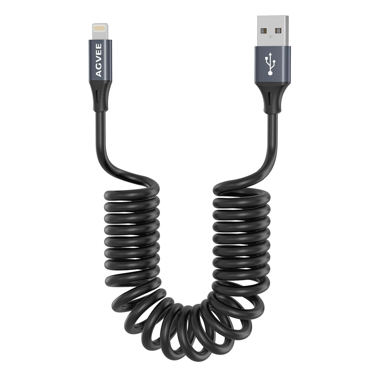 AGVEE 2 Pack 5ft Coiled Short USB to Lightning Charging Cable [MFI Certified] 3A Fast Charger Cord in Car for iPhone 14/13/12/11/XS/8/7/6/5 CarPlay, iPad, iPod, Dark Gray