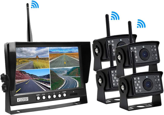 EVERSECU 4pcs Digital HD 1080P Wireless Car Backup Camera with 9 inch 4ch Quad Display Monitor/Car DVR/Dash Monitor/Vehicle Video Recorder for RV/SUV/Van/Pickup/Truck/Trailer Rear/Side/Front View