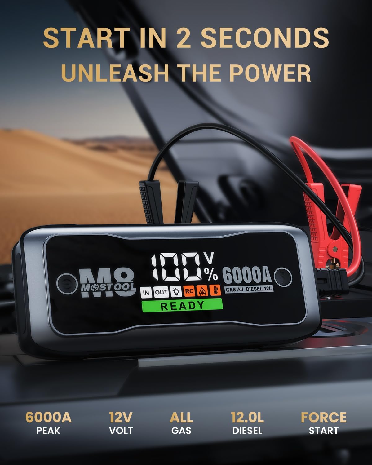 MOSTOOL M8 6000A Flagship Car Jump Starter, 12V Professional Battery Pack with Smart LCD, Heavy Duty Safety Clamps, 24000mAh Power Bank, 400-Lumen LED, Rugged Kit for All Gas & Up to 12.0L Diesel