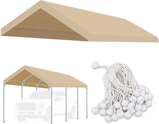 Carport Replacement Canopy Cover for Car Tent Top Garage Shelter Cover Tarp with Ball Bungees (Only Top Cover, Frame Not Include) (Ginger, 10’ x 20‘)