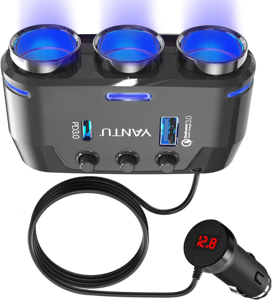 YANTU QC3.0&PD 40W Cigarette Lighter Adapter, 3-Socket 140W Car Cigarette Lighter Splitter with 12v Usb Outlet,Car Charger Adapter with Double/Dual/Usb C Charger Multi Port/Plug Outlet for Car Devices