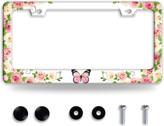 Pink Butterfly License Plate Frame Rose Flowers Floral License Plate Holder Colorful Auto Accessories for Women 6x12 Inch