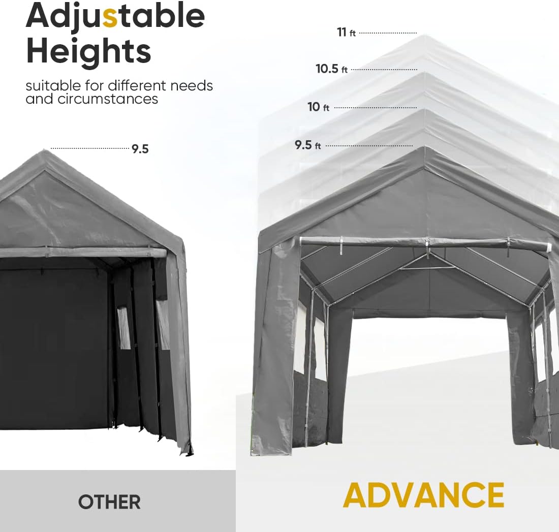 ADVANCE OUTDOOR 10x20 ft Adjustable Height Carport with Removable Window Sidewalls and Doors, Heavy Duty Car Canopy Garage Party Tent Boat Shelter with Reinforced Poles, Gray