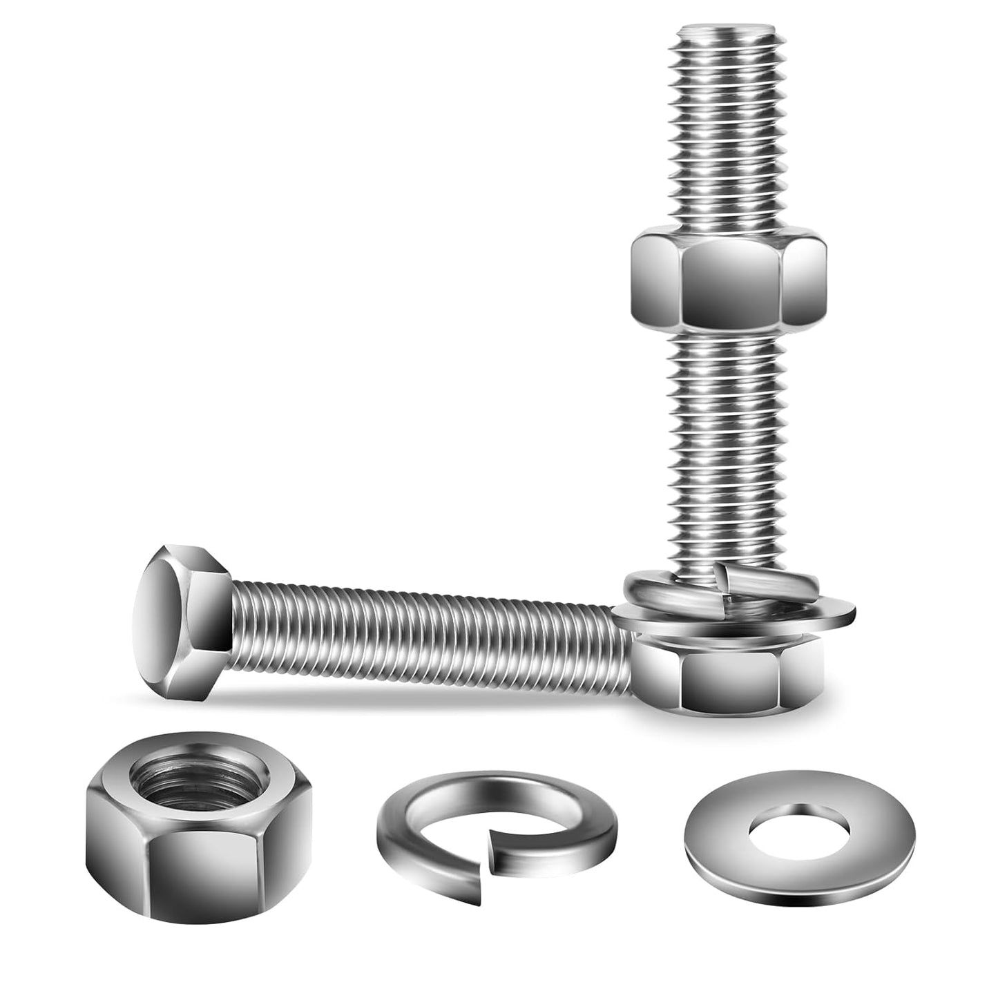 3/8-16 x 3-1/2" Hex Head Screw Bolt, Nuts, Flat & Lock Washers, 10Pcs 18-8 (304) Stainless Steel, Fully Threaded, by SG TZH
