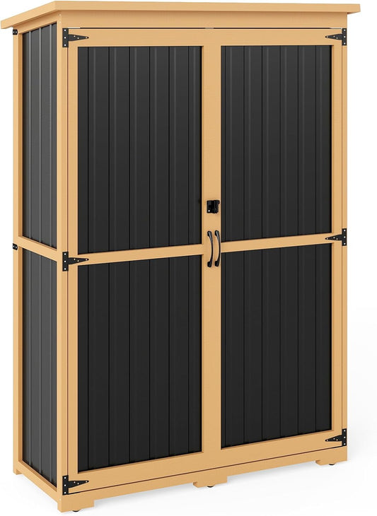 Outdoor Storage Shed with Adjustable Shelf, Wood & Metal Storage Cabinet Waterproof with Lockable Doors & Sloping Roof,Vertical Garden Shed for Patio Backyard, Tool Shed and Accessories, Brown