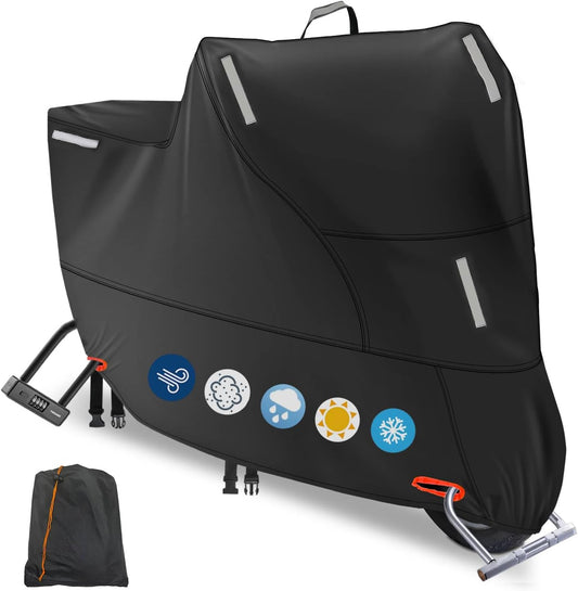 Waterproof Motorbike Cover Outdoor, Motorcycle Scooter Moped Rain Dust Cover with 5 Reflective Strips and 2 Windproof Buckles, 2 Lock-Holes for Cruisers Sportbikes (3XL: 104 x 35 x 49 inch)