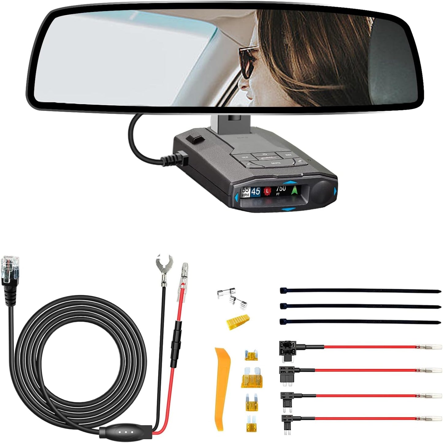 Radar Detector Rearview Mirror Rod Mounting Bracket and Radar Direct Power Cord Hardwired Kit and Fuse Tap(for Radar Base with EZ Magnet Connection)