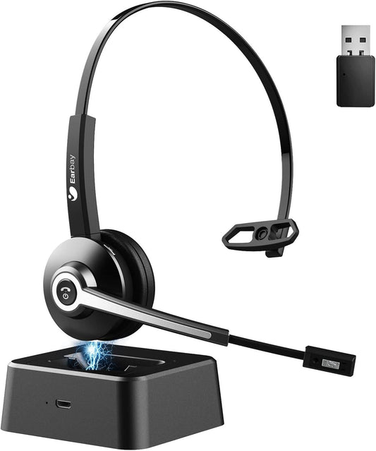Earbay Trucker Bluetooth Headset, Wireless Headphones with Mic Mute & USB Dongle, Wireless Headset with Microphone Noise Canceling & Charing Base for Work/PC Computer/Phones/Office/Meeting