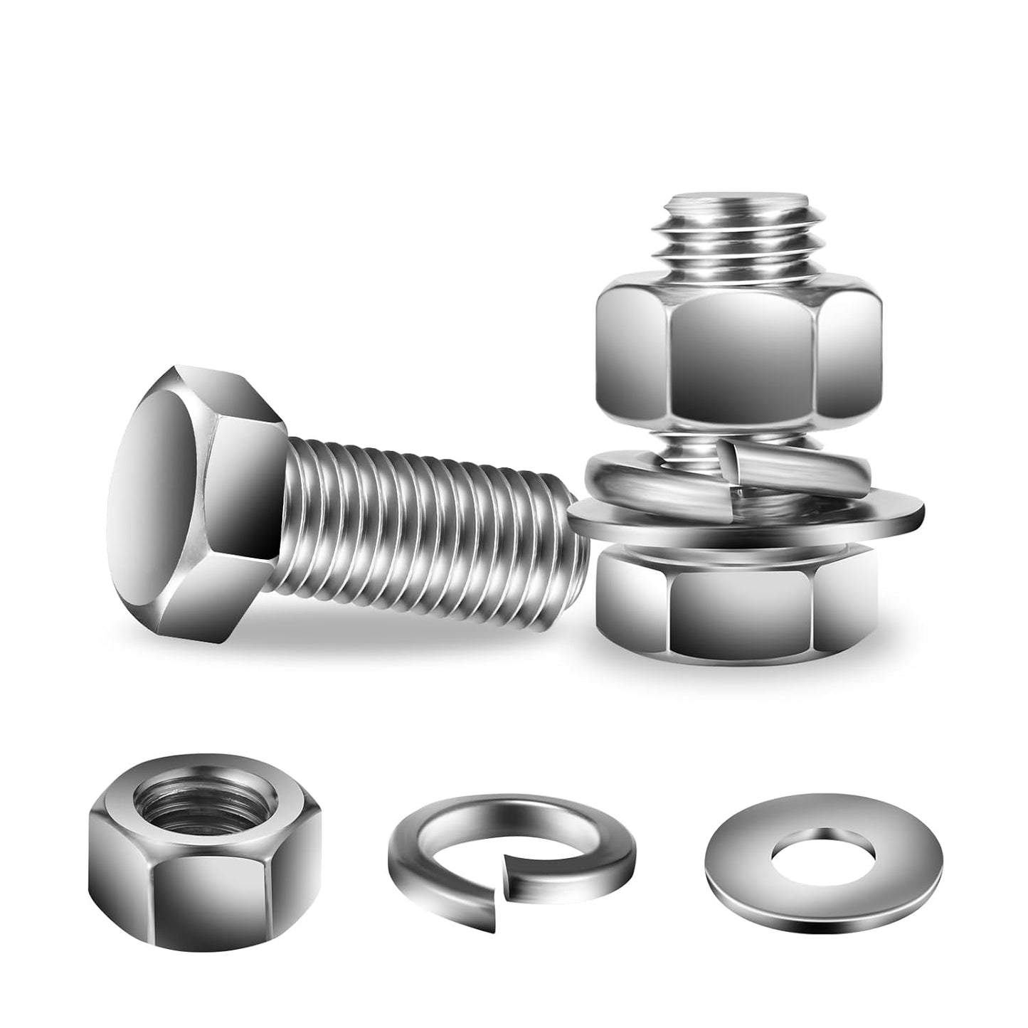 3/8-16 x 1" Hex Head Screw Bolt, Nuts, Flat & Lock Washers, 20Pcs 18-8 (304) Stainless Steel, Fully Threaded, by SG TZH