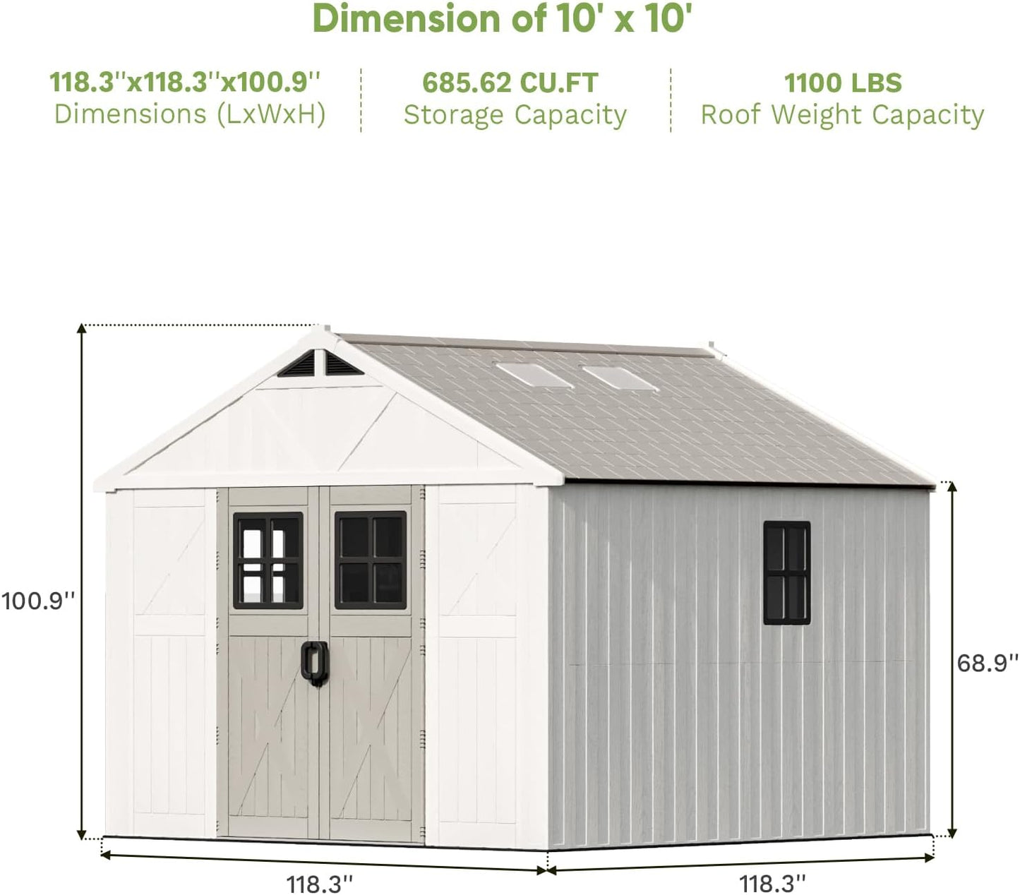 Patiowell 10x10 FT Outdoor Storage Shed, Plastic Shed with Floor and Skylight, Four-Window Resin Storage Shed with Lockable Door for Garden, Patio, Backyard, Beige