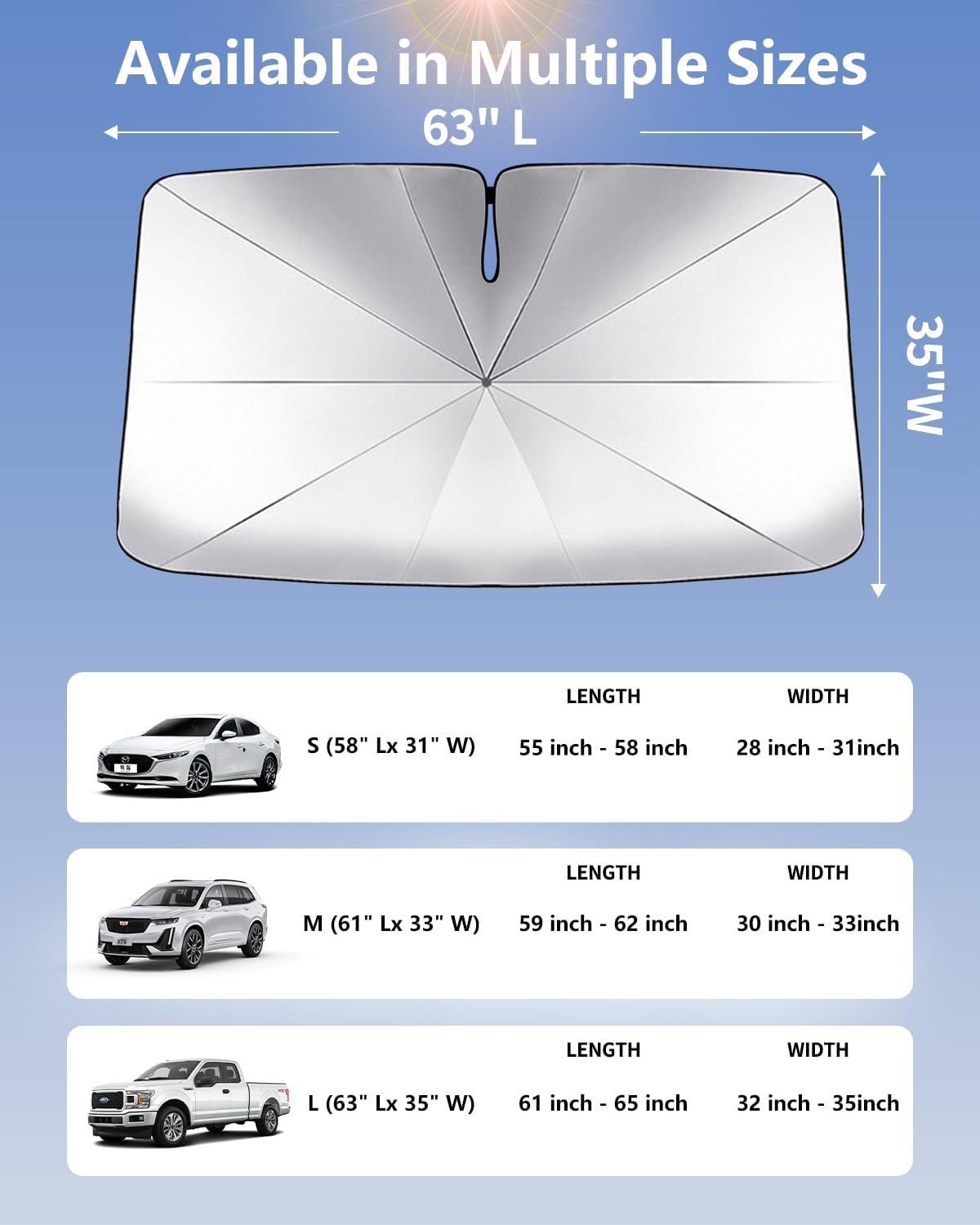 Car Windshield Sun Shade-Sun Ray Reflective Front Window Cover,Foldable Car Sunshade Windshield Umbrella with Bendable Handle for Heat and Sun Protection,Easy to Install for Cars,SUVs,Trucks and Vans