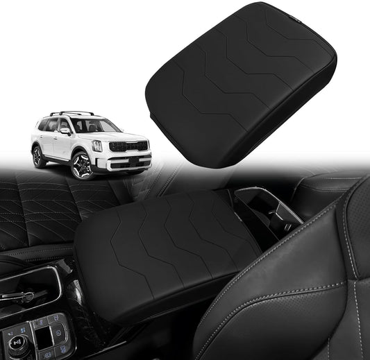 Muslogy Center Console Armrest Cover Compatible with 2020-2024 2025 Kia Telluride Comfort Armrest Pad Arm Rest Cushion Vegan Leather Protector Black Regular Thick
