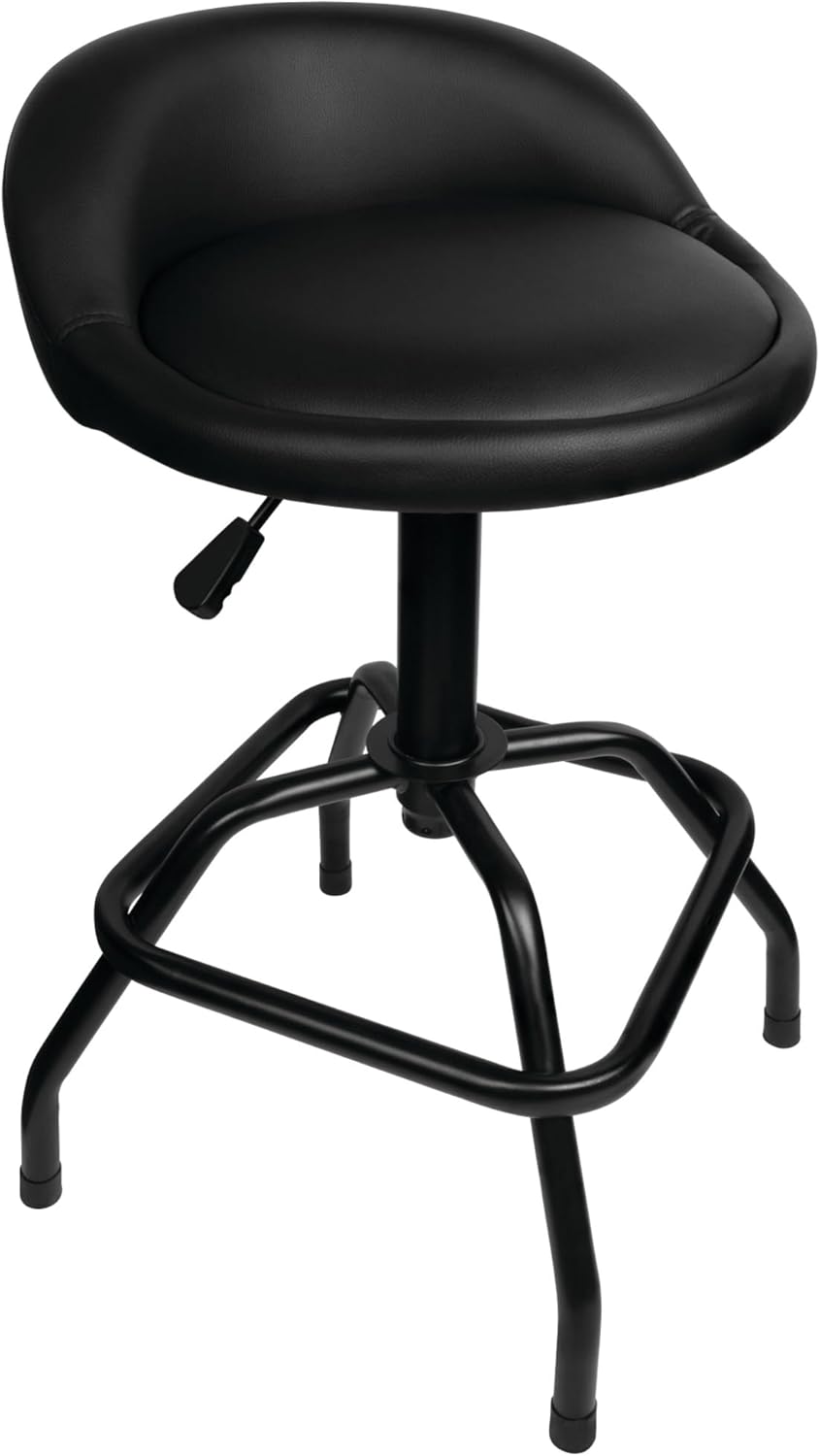Performance Tool W85011 Pneumatic Swivel Bar Stool with Back Support, 360-Degree Swivel, Heavy Duty Steel Frame, Black