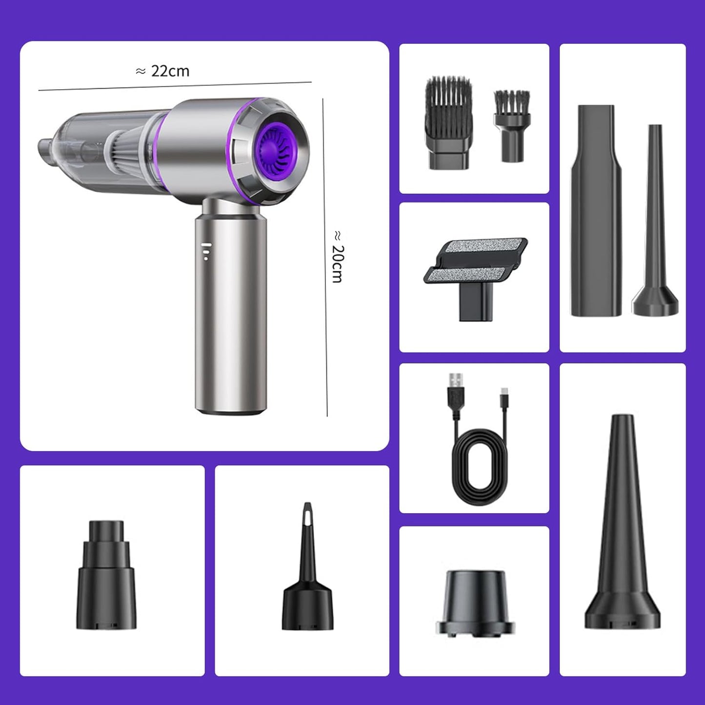 Handheld Car Vacuum Cleaner Cordless,21000Pa High Power Hand Held 3-Speed Adjustment and Multi-Nozzles Cleaner for Car, Home, Office, Pet Hair