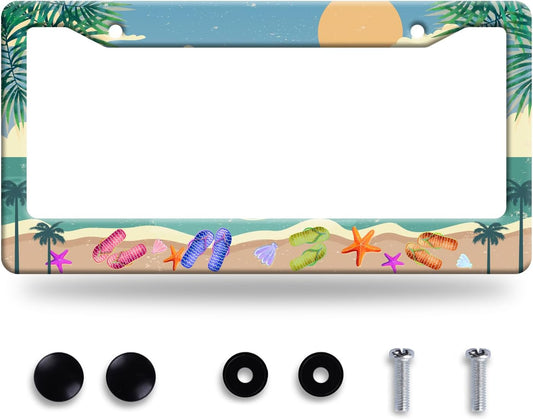 Summer Beach License Plate Frame Flip Flops License Plate Stainless Steel Funny License Plate Holder Personalized Beach Car Accessory Decoration 12.3" x 6.3"for Men Women