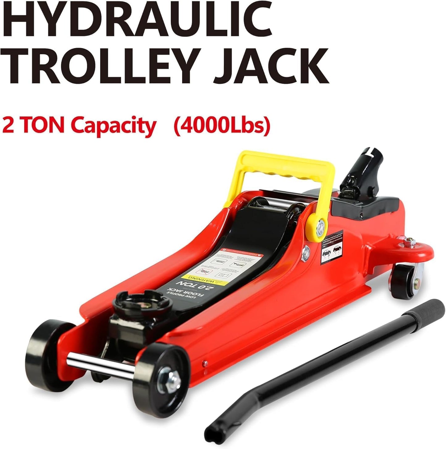 2 Ton Low Profile Floor Jack, Heavy Duty With Single Piston Quick Lift Pump, Steel Car Jack Adjustable Height 3.3"-15.2", Hydraulic Trolley 4000 LBS Capacity, Red