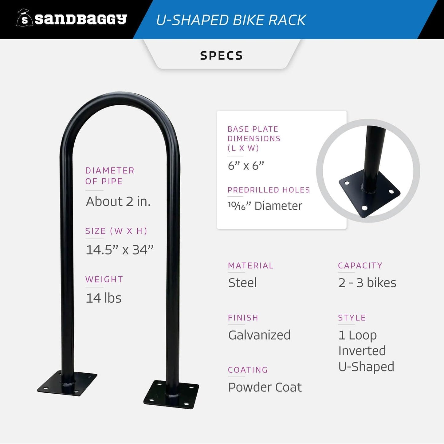 Sandbaggy U Shaped Bike Rack - Outdoor, Commercial - Galvanized Steel - Surface/Ground Mounted (1, Gray)