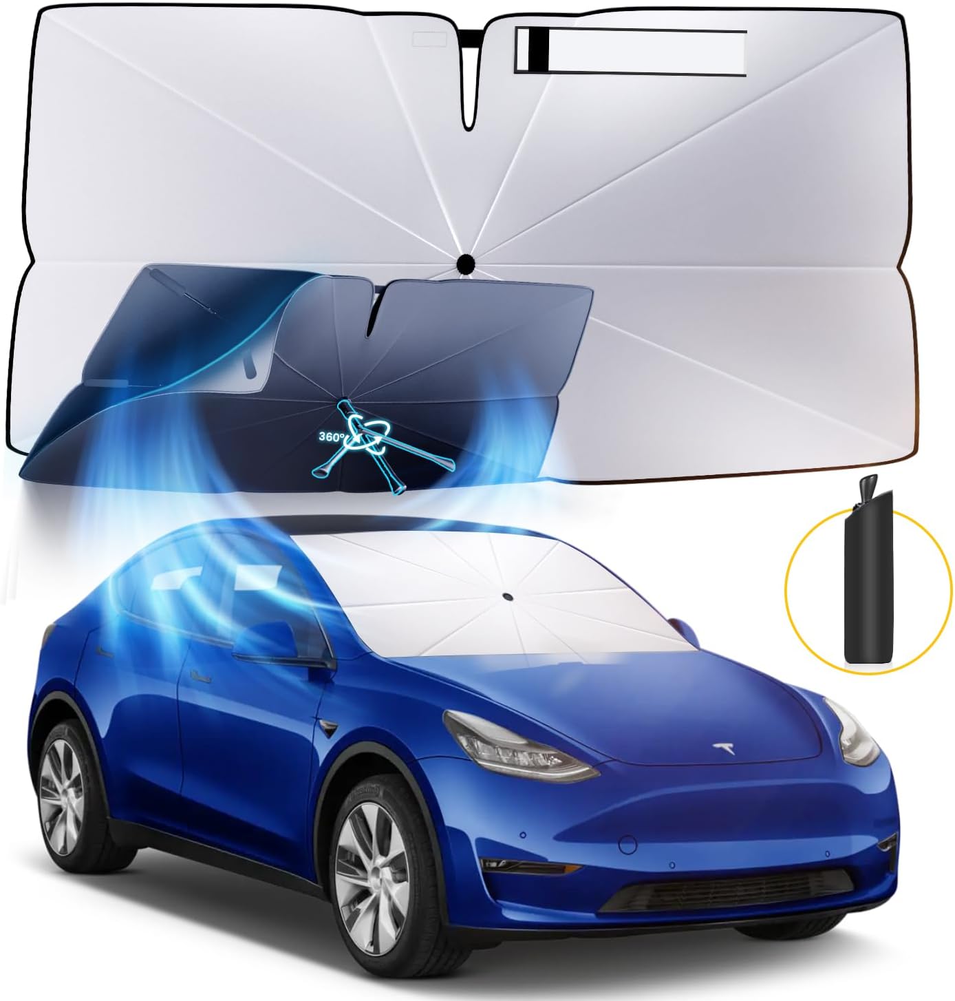 Windshield Sun Shade Umbrella: for Tesla Model Y 2016-2023 2024 2025 Model Y Juniper- Front Car Window Shades - 4-Layers Thickened Foldable Automotive Sunshades Block UV Keep Cool