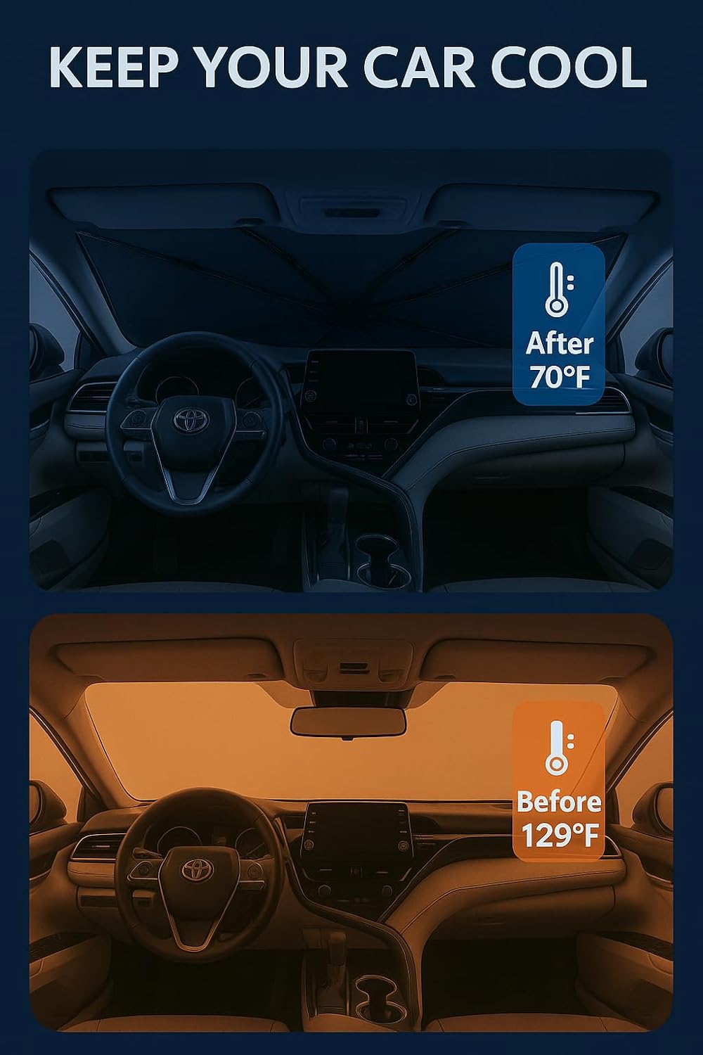 Proadsy Windshield Sun Shade Umbrella for Toyota Camry 2018-2025 2026 Foldable Car Umbrella Sunshade with Soft TPU Handle Spring Structure Crystal Cooling Material Protect Car from Rays & Heat