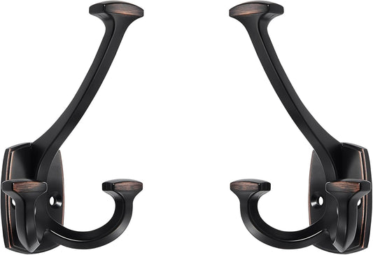 Large Wall Double-Sided Hook 2 Pack Oil Rubbed Bronze Hook Decorative Heavy Duty Solid Large Coat Hooks for Towel Hanging Coats Robe Towel Bags Door Back 2 Prong Hooks