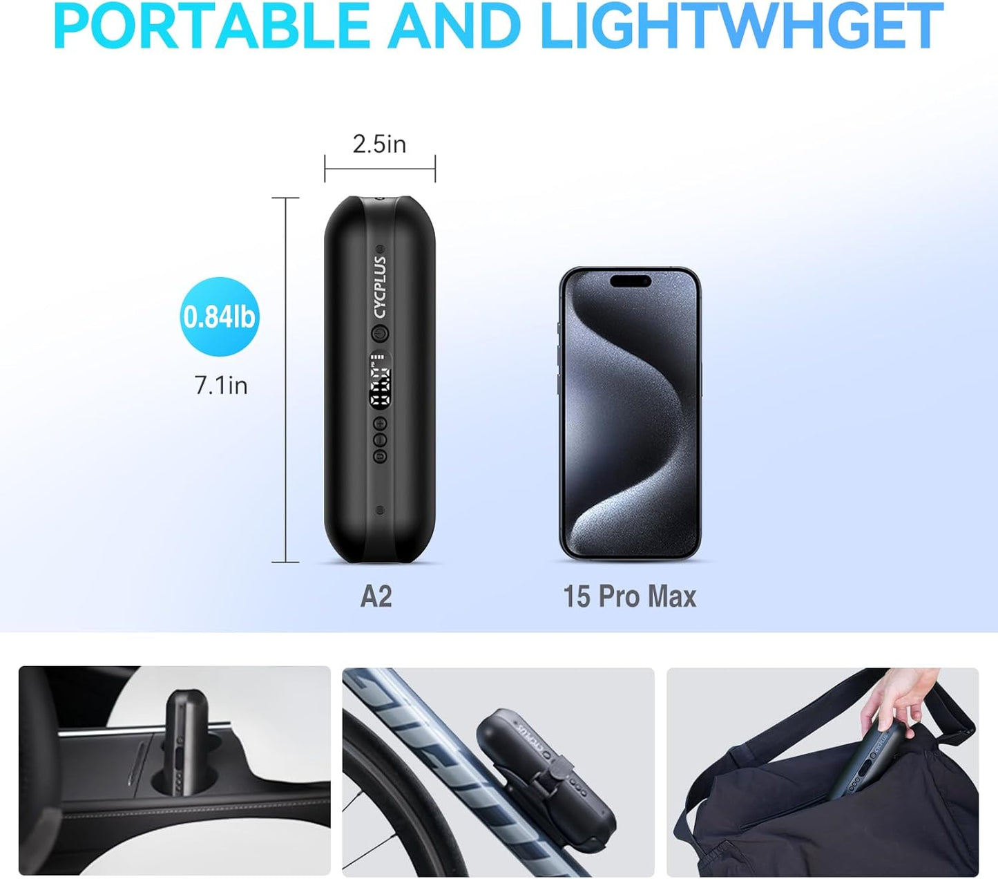 CYCPLUS Electric Air Compressor Portable Bicycle Pump Car Tire Inflator, Max 150 PSI, Auto Shut-Off Air Pump with Presta and Schrader Valves for All Bicycles Motorcycles and Cars