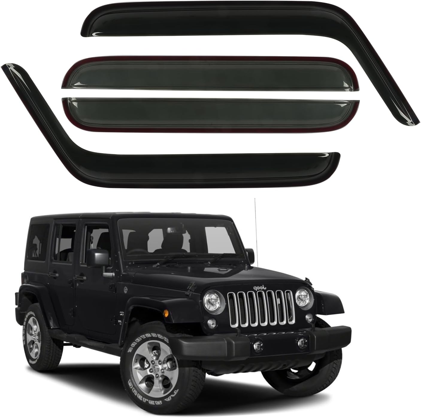 Rain Guard Fit for 2007-2017 Jeep Wrangler Unlimited 4-Door & 2018 Jeep Wrangler JK Unlimited 4-Door, Outside Mount Side Window Visor Deflector, Dark Smoke Vent Shade Shield, 4pcs