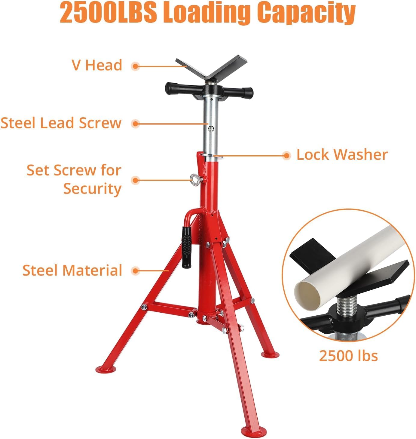 V-Head Pipe Jack Stand, 2500 Lbs Heavy-Duty Folding Pipe Stand with Adjustable Height 28"-52", Sturdy Steel V-Head Support for Welding, Automotive & Construction Projects, Red