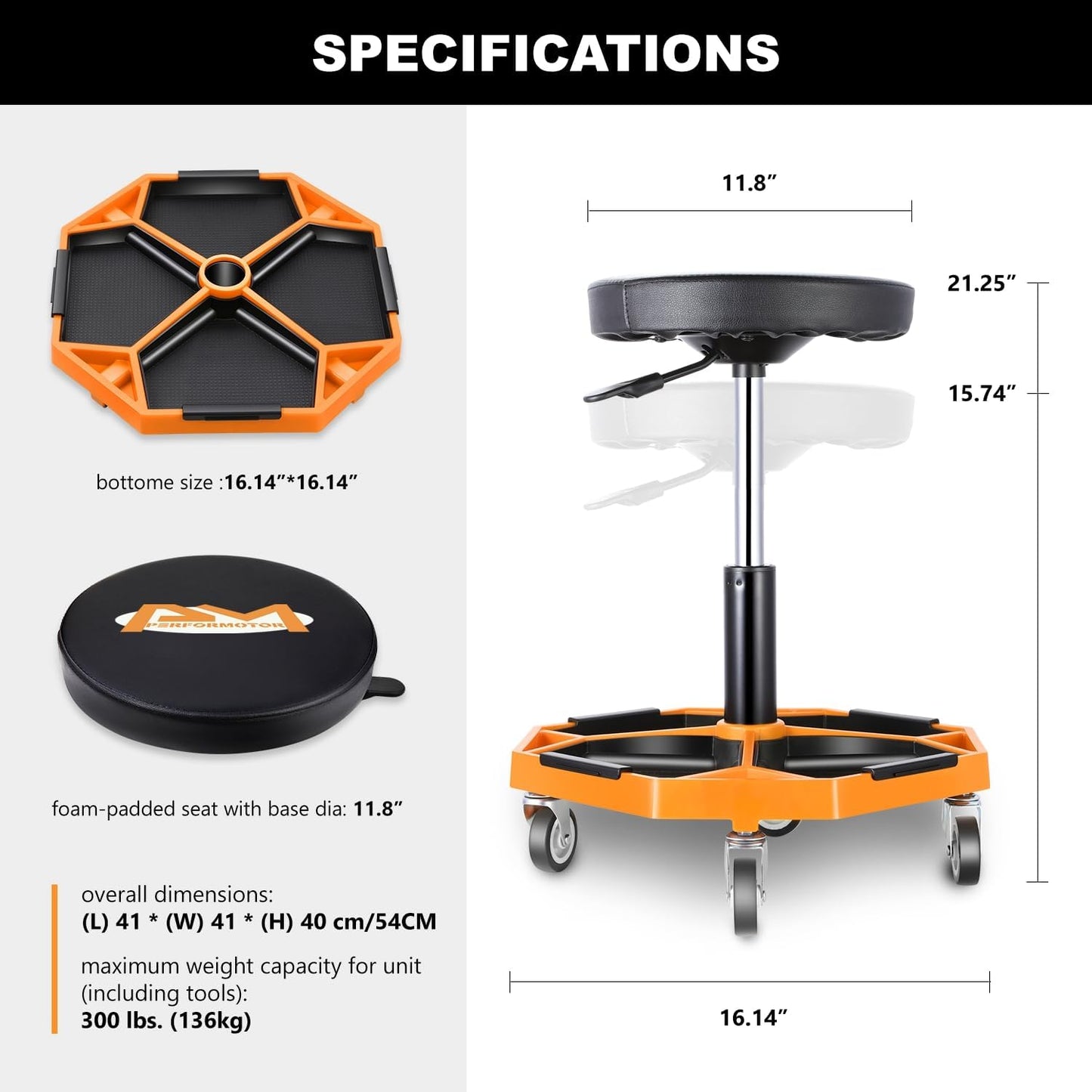 PM PERFORMOTOR Adjustable Height Pneumatic Garage Seat Rolling Mechanic Stool with Tool Tray Storage,300lbs Max Weight Capacity, Orange,PM-TOL-ATS-OG