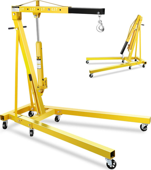 2-Ton Folding Engine Hoist, Hydraulic Shop Crane with 6 Swivel Wheels & Adjustable Boom (0.5T-2T), Heavy-Duty Cherry Picker for Garage, Workshop, Truck, Farm (Net Wt. 157 lbs)