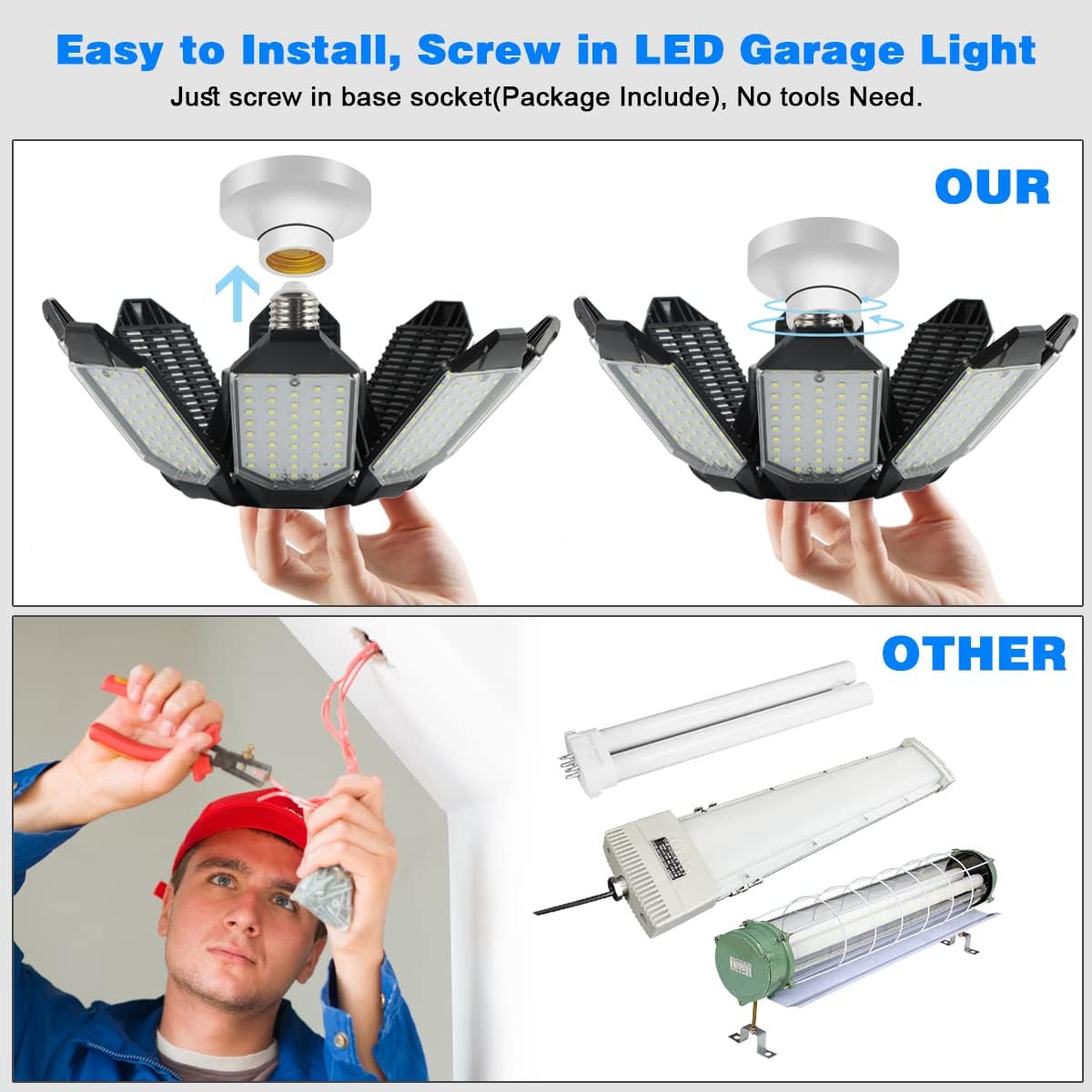 Led Garage Light - 20000LM Super Bright 6500K Garage Lights Ceiling Led w/ 8 Adjustable Panels Garage Shop Light Compatible for E26/E27 Socket Applicable for Workshop Barn Warehouse Attic