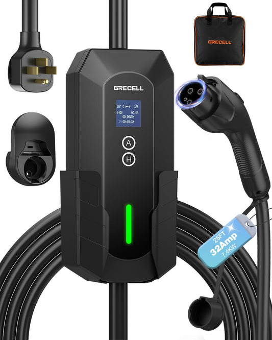 GRECELL Level 2 EV Charger, 32A/7.4KW Electric Vehicle Portable Charger with 25FT Cable, ETL Certified Level 2 Car Charger for All SAE J1772, 240V NEMA 14-50 Adjustable Current for Home & Travel