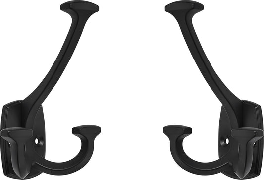 Large Wall Double-Sided Hook 5 Pack Matte Black Hook Decorative Heavy Duty Solid Large Coat Hooks for Towel Hanging Coats Robe Towel Bags Door Back 2 Prong Hooks