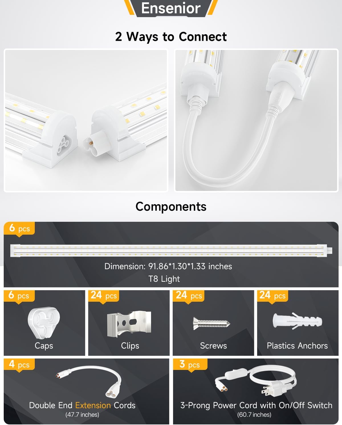 Ensenior 6 Pack 8 FT Led Shop Lights, 5000K Daylight, 10000LM Super Bright, 72W Equivalency 936W, Commercial Bay Lighting, U-Shaped Linkable Shop Lights Plug in for Garage, Workshop, FCC Certified