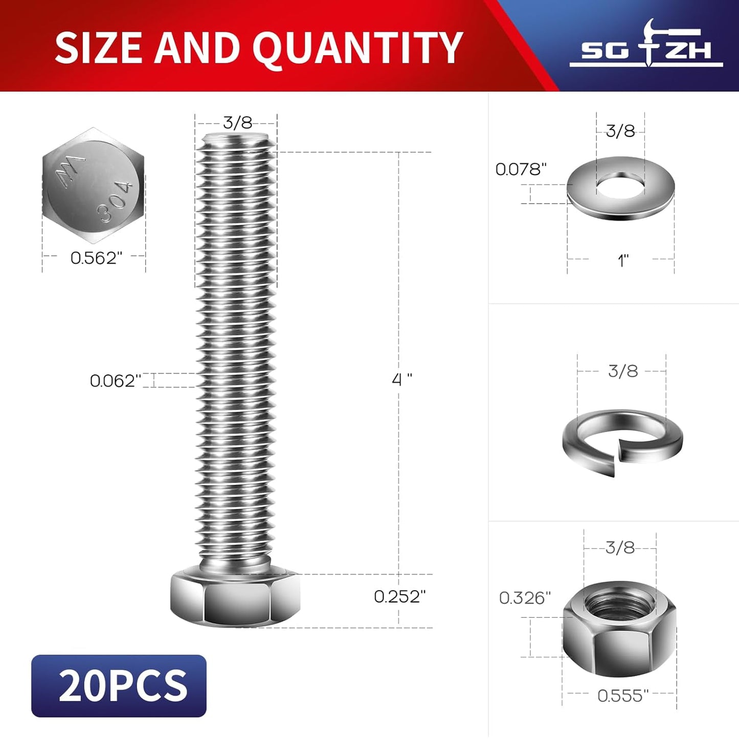 3/8-16 x 4" Hex Head Screw Bolt, Nuts, Flat & Lock Washers, 20Pcs 18-8 (304) Stainless Steel, Fully Threaded, by SG TZH