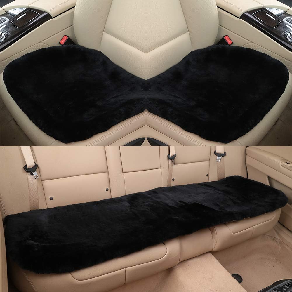 Fluffy Genuine Australia Sheepskin Car Seat Cover for Auto Interior Accessories with Soft Fuzzy Wool Eco-Friendly Natural Fur Non-Slip (Black, Back)