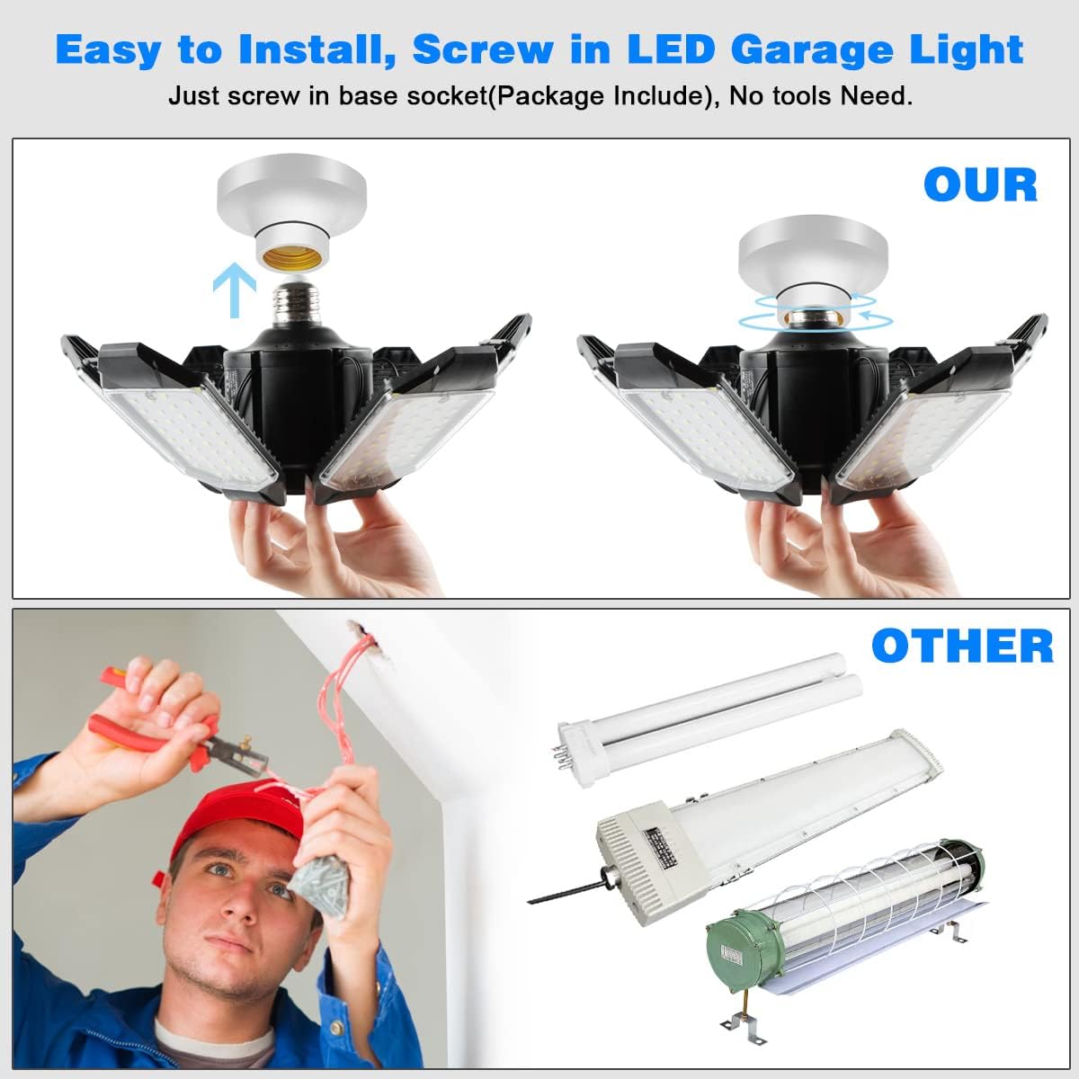 LED Garage Light - 160W Garage Light Bulb 64000LM 6500K Super Bright Garage Lighting w/ 6 Deformable Panels Screw in Shop Lights for Basement Workshop Warehouse Attic - 4Pack
