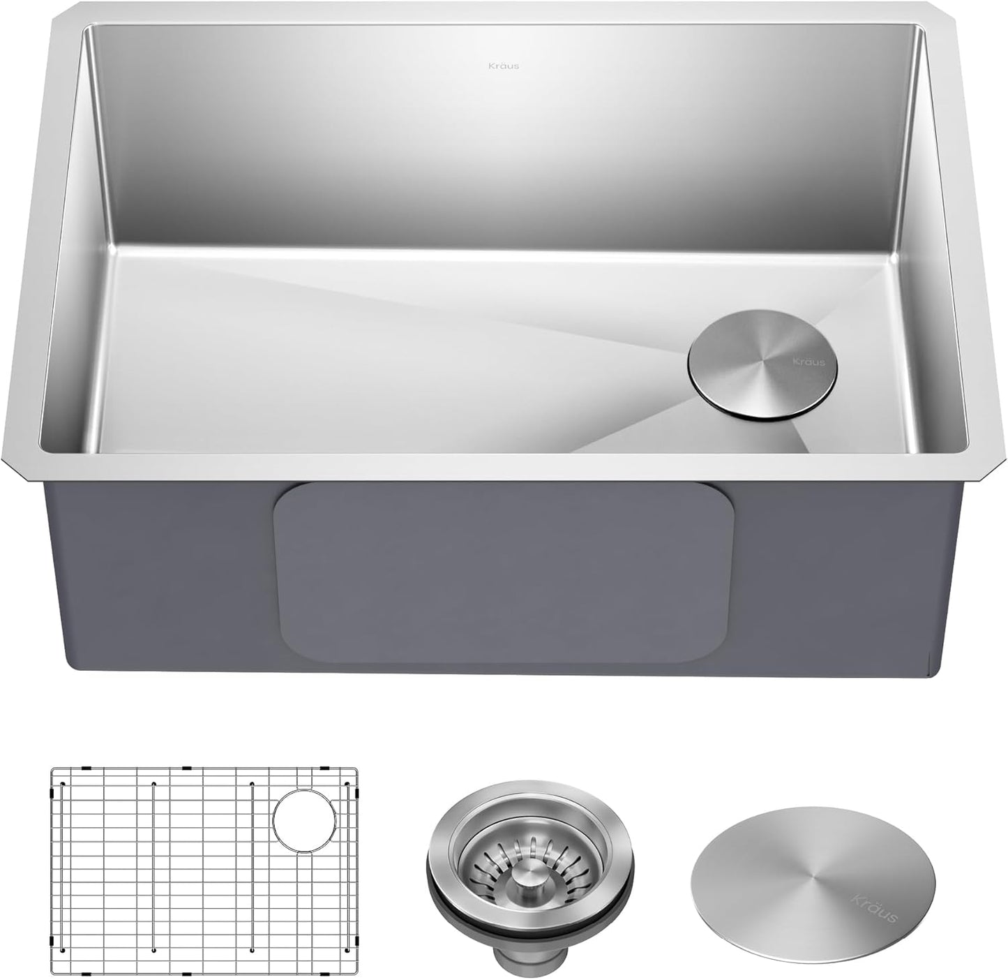 Kraus KHU110-27 Standart PRO 27-inch 16 Gauge Undermount Single Bowl Set (5 Item Bundle: Sink, Bottom Grid, Assembly, Drain Cap, Kitchen Towel), 27 Inch, Stainless Steel