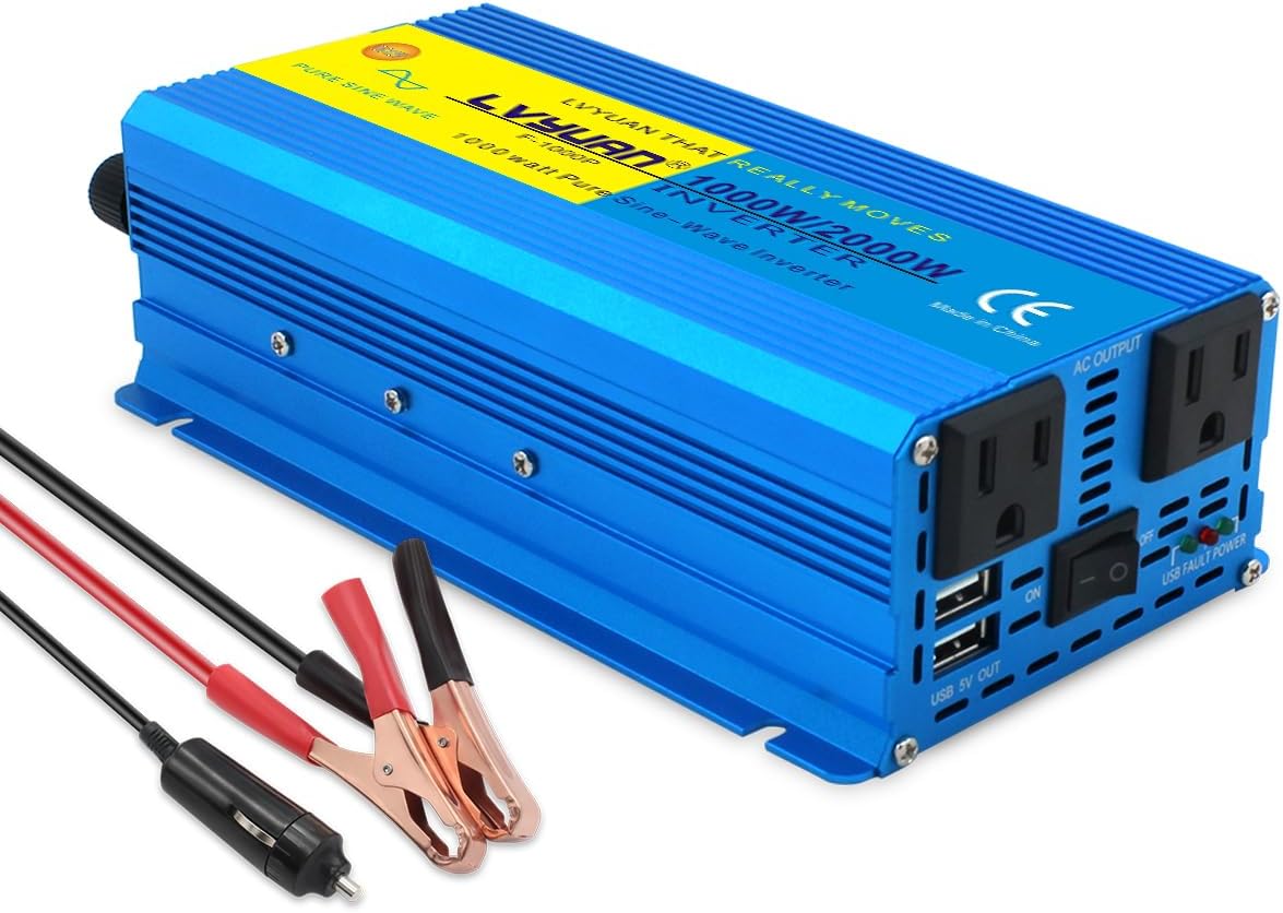 LVYUAN 1000 Watt Pure Sine Wave Inverter 12V to 110V 120V DC to AC with U.S. Outlet, USB Charger Ports, Car Power Inverter for Vehicles, RV, Outdoor, Home