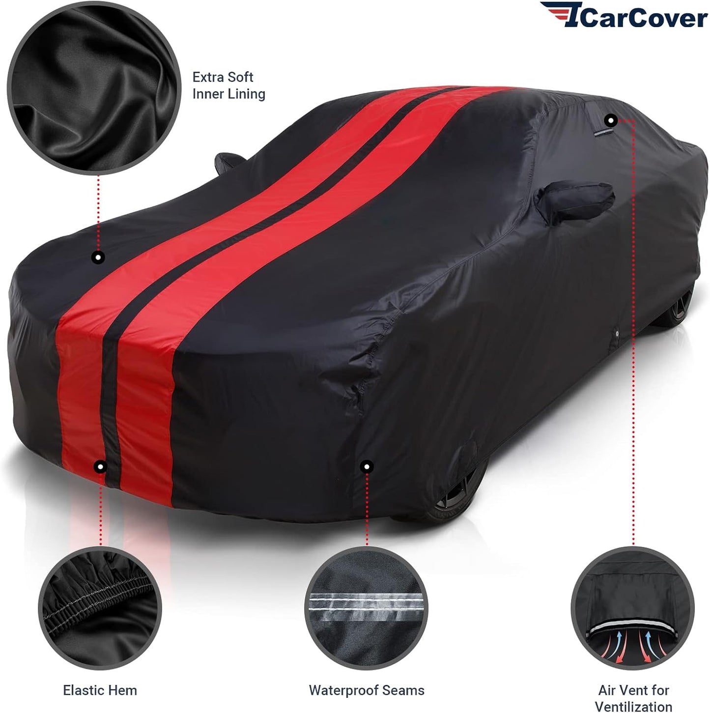 iCarCover Custom Car Cover for 2010-2024 Chevy Camaro LT, LS, RS, SS Waterproof All Weather Rain Snow UV Sun Protector Full Exterior Indoor Outdoor Car Cover (Stripe - Black/Red)
