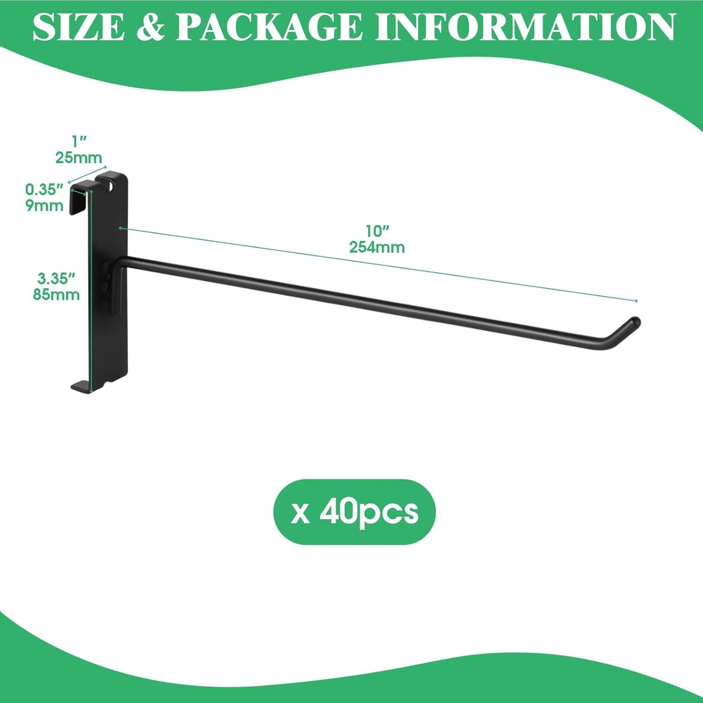 40Pcs 10" Gridwall Display Hooks Assortment Set, Black Metal Grid Wall Panel Hanging Display Hook for Garage Shop Retail Storage, Wire Diameter 5mm/ 0.2”