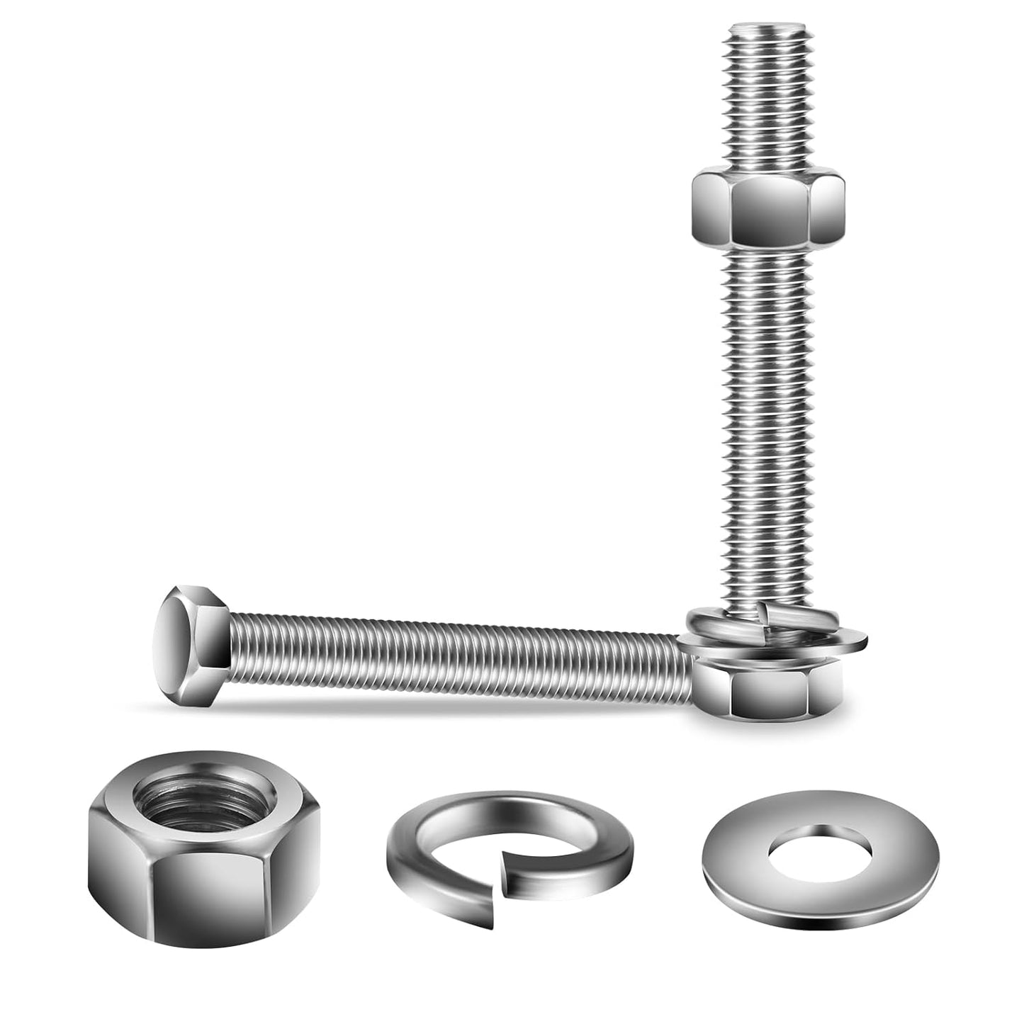 3/8-16 x 6" Hex Head Screw Bolt, Nuts, Flat & Lock Washers, 10Pcs 18-8 (304) Stainless Steel, Fully Threaded, by SG TZH