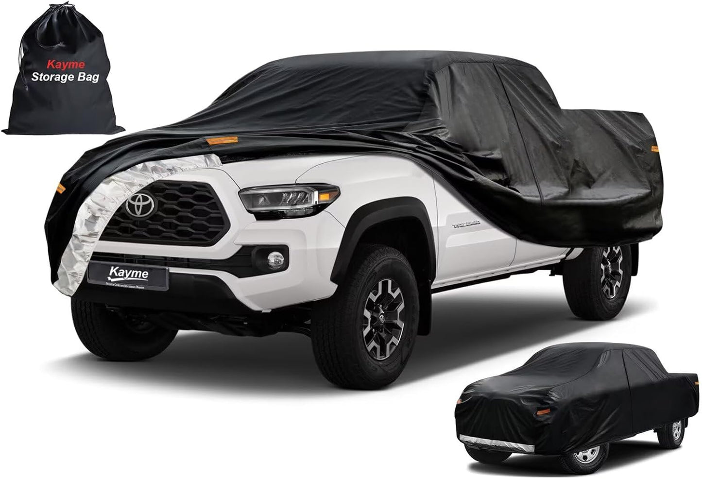 Kayme Truck Cover Custom Fit Toyota Tacoma(1995-2012) Double Cab Long Bed. Full Exterior Heavy Duty Outdoor Pickup Truck Car Cover Waterproof All Weather.Car Tarp for Wind Sun Dust Protection.Black