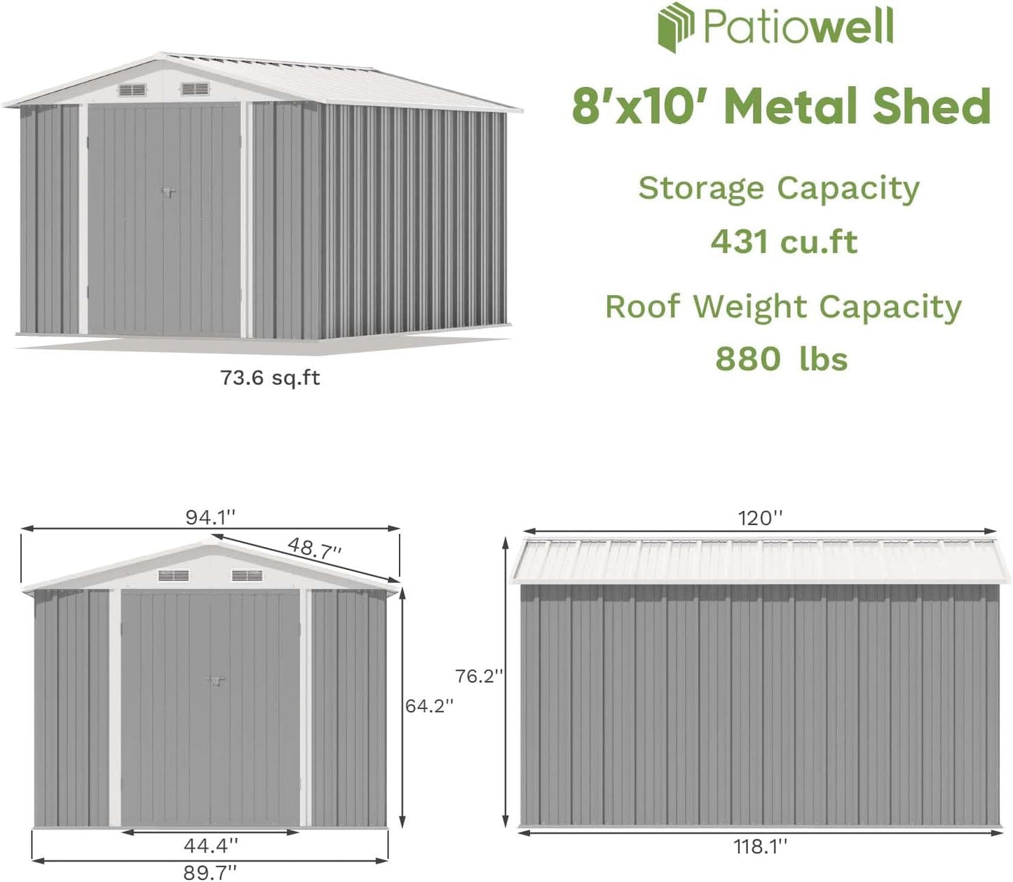 Patiowell 8x10 FT Outdoor Storage Shed, Large Garden Tool Metal Shed with Sloping Roof and Double Lockable Door, Outdoor Sheds for Backyard Garden Patio Lawn,Grey