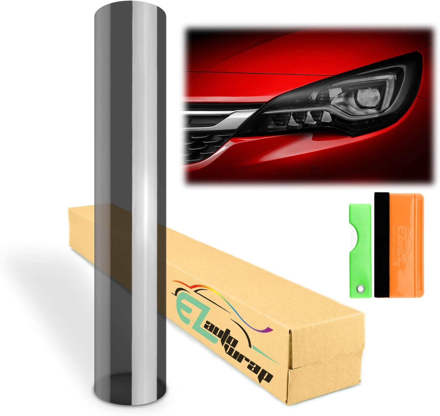 EZAUTO WRAP Free Tool Kit 12"x96" (1FT x 8FT) Glossy Medium Black Smoke Headlight Taillight Fog Light Side Marker Vinyl Tint Film Self Adhesive